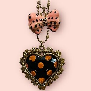 Vintage Betsey Johnson Pink Polka Dot Heart Bow Station Necklace Valentines